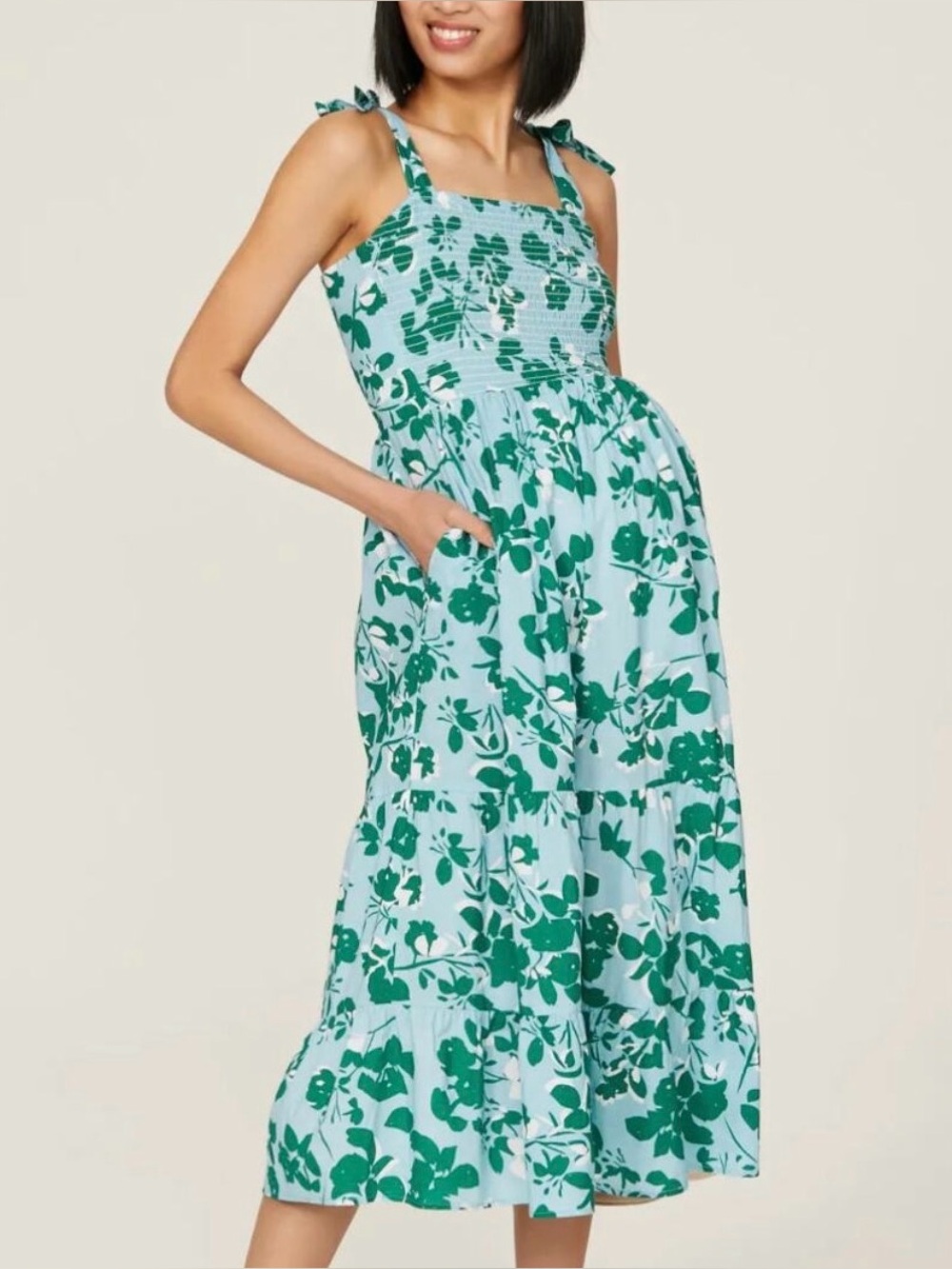 Seraphine Blue & Green Tie Shoulder Floral Midi Maternity Dress